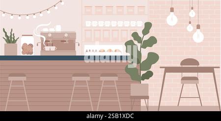 Coffeehouse inside design. Barista counter, Furniture and lighting for cafe. Cozy cafeteria interior for relax and work. No people. Flat Vector illust Stock Vector