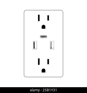 Multi Plug Outlet 2 US smart plug, 2 usb type a port and usb c. Outline style Vector illustration Stock Vector