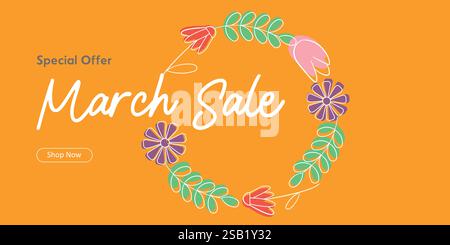 Bright promotional banner for a March sale featuring floral decorations on a vibrant orange background, emphasizing special offers and shopping during Stock Vector