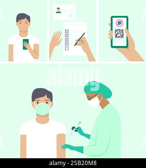 Flat vector set for vaccination against covid-19. Immunity passport. Safe travel due coronavirus outbreak. Valid digital  certificate with qr code. Yo Stock Vector