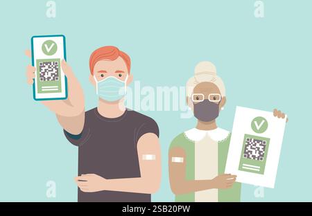 Vaccinated people using digital health passports. Young man showing an app in mobile phone. Elderly woman hold printed immunization certificate with q Stock Vector