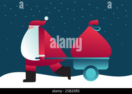 Santa Claus drags a huge and heavy sack with gifts on his wheelbarrow. Christmas concept. Vector illustration in modern style Stock Vector