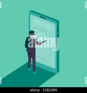 Mobile Phone Security Concept. Man in a black mask hacking into a smartphone. Cyber attacker trying to steal personal data.  Flat vector illustration. Stock Vector