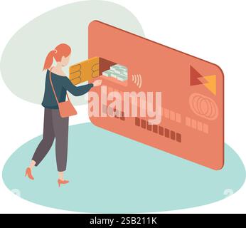 Woman Using Credit Card To Withdraw Money. Safe banking transaction concept. Funds. Deposit. Savings. Financial services. Flat vector illustration Stock Vector