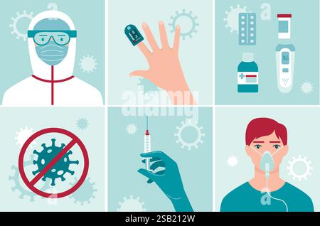 Coronavirus COVID-19 2019-ncov treatment and diagnostic. Oxygen therapy. Doctor in full protective equipment. Vaccine. Concept flat vector illustratio Stock Vector