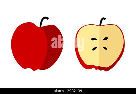 Red apple with seeds full and halved view. Flat doodle illustration. Stock Vector