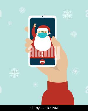 Human hand holding smart phone video call on the screen with Santa Claus wearing a protective medical mask. COVID-19 2019-ncov disease pandemic. Safet Stock Vector