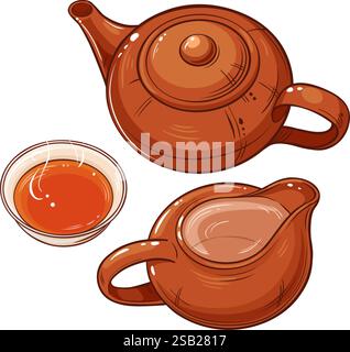 Cup of Tea and Teapot Colored Illustration Stock Vector