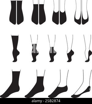 Set of various socks. Different types of women's socks, tights and stockings. Outline vector illustration Stock Vector