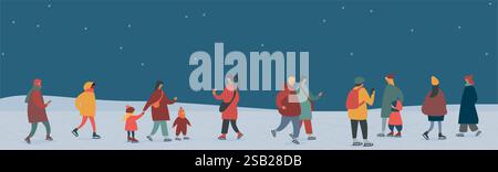 People skating on ice rink in snow city park over dark blue sky background. Family on skates, winter holiday skating activity. Christmas time outdoor. Stock Vector