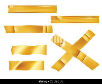 Vector set of 3D realistic golden adhesive tape. Torn pieces of masking tape isolated on transparent background. Vector illustration. Stock Vector