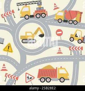 Road construction site in cartoon style for wallpaper, fabric, and textile design. Cute children's seamless pattern with yellow dump truck, excavator, Stock Vector