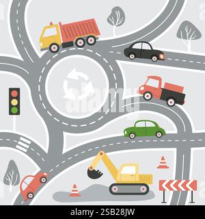 seamless pattern with various cars, traffic lights and road signs on a grey background. Illustration of highway in a cute children's style for Wallpap Stock Vector