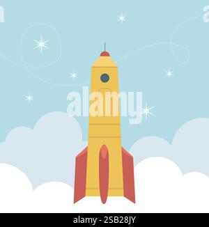 Spaceship flying in the sky. Rocket in the clouds. Simple vector illustration in flat style. Stock Vector