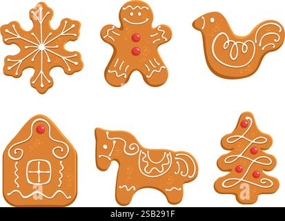 Decorated Christmas Gingerbread Cookies. Set of traditional winter sweet spicy biscuits isolated on white background. Flat vector illustration. Stock Vector