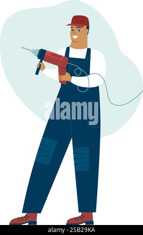 A worker handyman or builder with an electric drill perforator. Repair service and construction concept. Repairman vector character Stock Vector