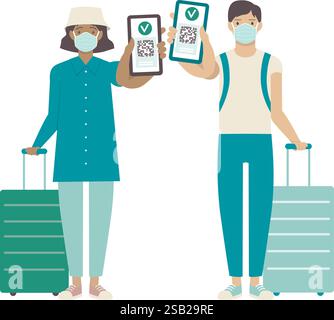 Passengers showing health passport on a mobile phone, which indicates a vaccination against covid-19. Valid digital  certificate with qr code. Immunit Stock Vector