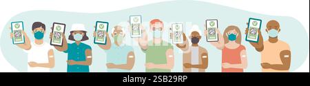 Various Vaccinated people with digital health passports. Young and aged men and women showing an app on their mobile phones. Multiracial group. Green Stock Vector