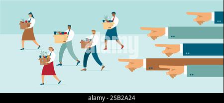 Employees get fired due corona crisis. Boss points out dismissed managers. Employee job reduction, unemployment, crisis caused by coronavirus COVID-19 Stock Vector