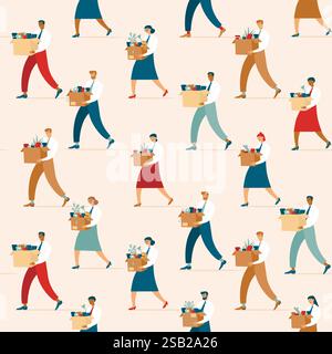 Crowd of Fired sad people carrying a box with office belongings. Crisis, dismissal, unemployment, jobless and employee job reduction due to corona cri Stock Vector