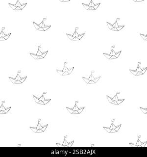 Seamless pattern of paper boat with a flag. Hand drawn outline origami illustration in black and white color. Etching of Sailboat background. Outline Stock Vector