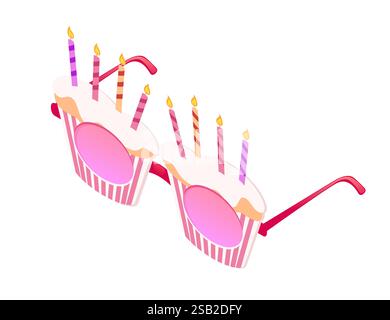 Isometric pink sunglasses birthday stripped cupcake style with candles decorations. Vector illustration isolated on white background. Stock Vector