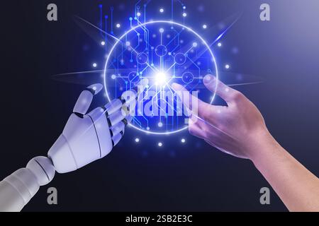 Man and robot touching data network on gradient background, closeup of hands. Concept of collaboration between AI and human. Modern technology Stock Photo
