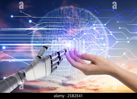 Woman and robot touching data network against sunset sky, closeup of hands. Concept of collaboration between AI and human. Modern technology Stock Photo