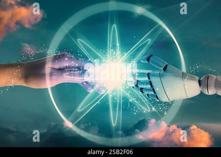 Woman and robot touching data network against sunset sky, closeup of hands. Concept of collaboration between AI and human. Modern technology Stock Photo