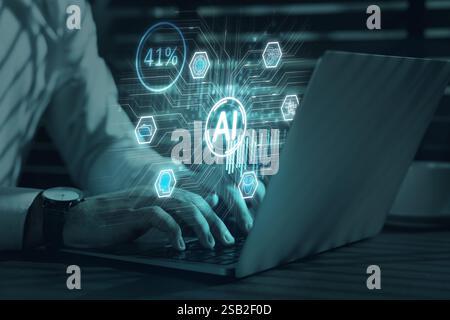 Artificial intelligence. Man using laptop at table, closeup. Scheme with AI and other icons over computer. Toned in blue Stock Photo