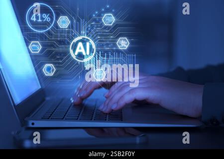Artificial intelligence. Woman using laptop at table, closeup. Scheme with AI and other icons over computer. Toned in blue Stock Photo
