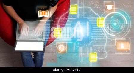 Artificial intelligence. Man using laptop at home, top view. Scheme with AI and other icons Stock Photo