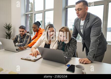 A diverse group of individuals are seated around a table, each engrossed in their laptops. They appear focused and engaged, possibly collaborating on Stock Photo