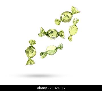 Candies in bright wrappers falling on white background Stock Photo