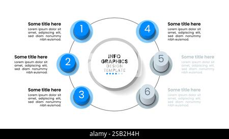 Infographic template with 6 options or steps. Blue buttons. Can be used for workflow layout, diagram, banner, webdesign. Vector illustration Stock Vector