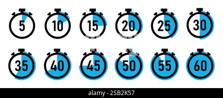 Timer clock, stopwatch, countdown icon set with 5 minute gap in blue colour. vector illustration. Stock Vector