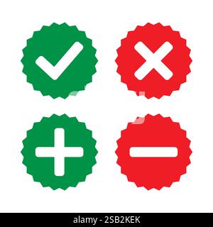 right wrong symbol, addition subtraction icon set in zigzag circular shape with green and red colour code. vector illustration. Stock Vector