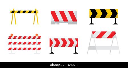 Road side barriers icon set of six red, white, black and yellow color, vector illustration in different style. Stock Vector