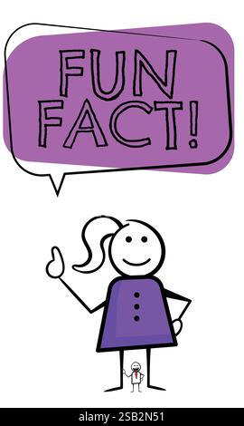 Stickman character points at a Fun Fact announcement banner, Basic stick figure design character isolated on a white background Stock Vector