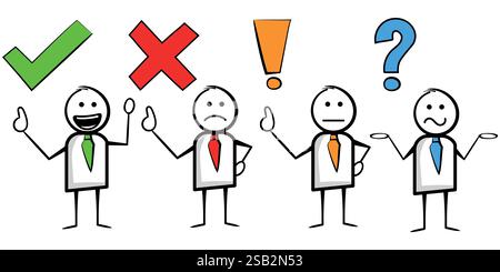Stickman character review symbols, positive, negative or question mark analysis Stock Vector