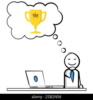 Stickman dreaming about winning and coming first with a trophy in a thought bubble, winning concept, isolated on a white background Stock Vector