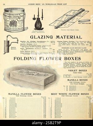 Wholesale, price, list, Milwaukee, Wis, Currie Bros, 1905, flowers, gardening, seeds, catalogs, equipment, and, supplies, nurseries, horticulture, plants, ornamental, bulbs, plants, garden, stories, in, bloom, The page showcases a catalog layout featuring various glazing materials and folding flower boxes offered by Currie Bros. Co. The top section highlights products related to glazing, including a description of their uses and specifications, such as measurements, and a mention of a patent application. Below, several types of folding flower boxes are listed with details about their sizes and Stock Photo