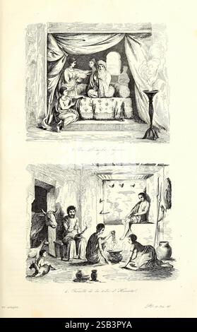 Voyage pittoresque en Asie et en Afrique Paris Furne 1839 Africa Asia Discovery and exploration Description and travel Voyages and travels Discoveries in geography, The scene is divided into two distinct vignettes: In the upper section, a group of individuals is gathered in a cozy, domestic setting. A woman reclines on a bed draped with ornate fabrics, surrounded by companions, who appear engaged in conversation. The atmosphere suggests comfort and intimacy, with the architectural details hinting at a culturally rich environment. The lower section presents an indoor scene featuring a group of Stock Photo