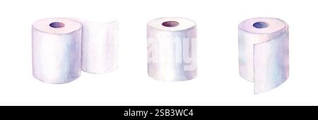 Watercolor toilet paper rolls set isolated on white background. Watercolour hand drawn illustration. Symbol, sign of cleanliness and hygiene. Stock Photo