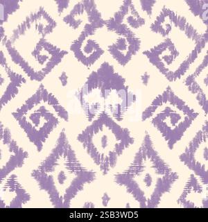 Watercolor boho style ikat ornate seamless pattern. Purple lavender elements on milky white background. Watercolour hand drawn abstract texture. Print Stock Photo