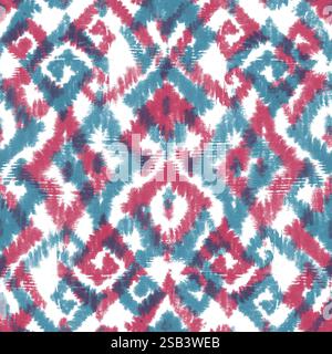 Watercolor boho style ikat ornate seamless pattern. Teal blue and pink red color elements on white background. Watercolour hand drawn abstract texture Stock Photo