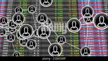 Network of user icons image over financial data and stock market figures Stock Photo