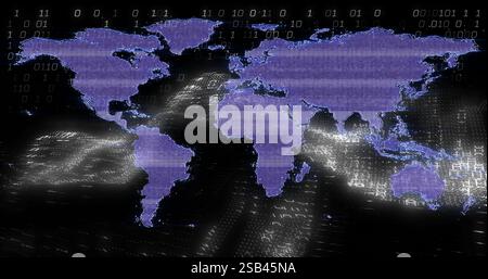 World map with binary code and data processing image over digital landscape Stock Photo