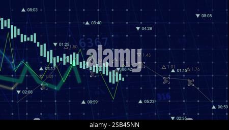 Financial data and stock market analysis image over fluctuating graph lines Stock Photo