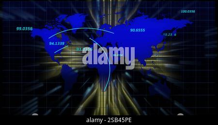 Global data transfer image over world map with numerical coordinates Stock Photo